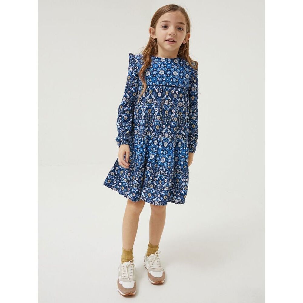 FATFACE Grace Floral Bird Print Blue Long Sleeve Boho Dress Size 12/13 EUC